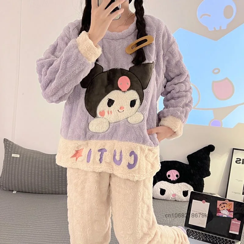 Sanrio Kuromi Cartoon Cute Coral Plush Pajamas Sweet Y2k Girl Style Warm Sleepwear Women Autumn Winter Thicken Flannel Home Set