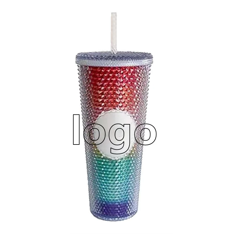 Hot 710ML Straw Cup Double Layer Plastic Durian Cup Plastic Coffee Cup Brilliant Diamond Starry Sky Straw Cup Cross border