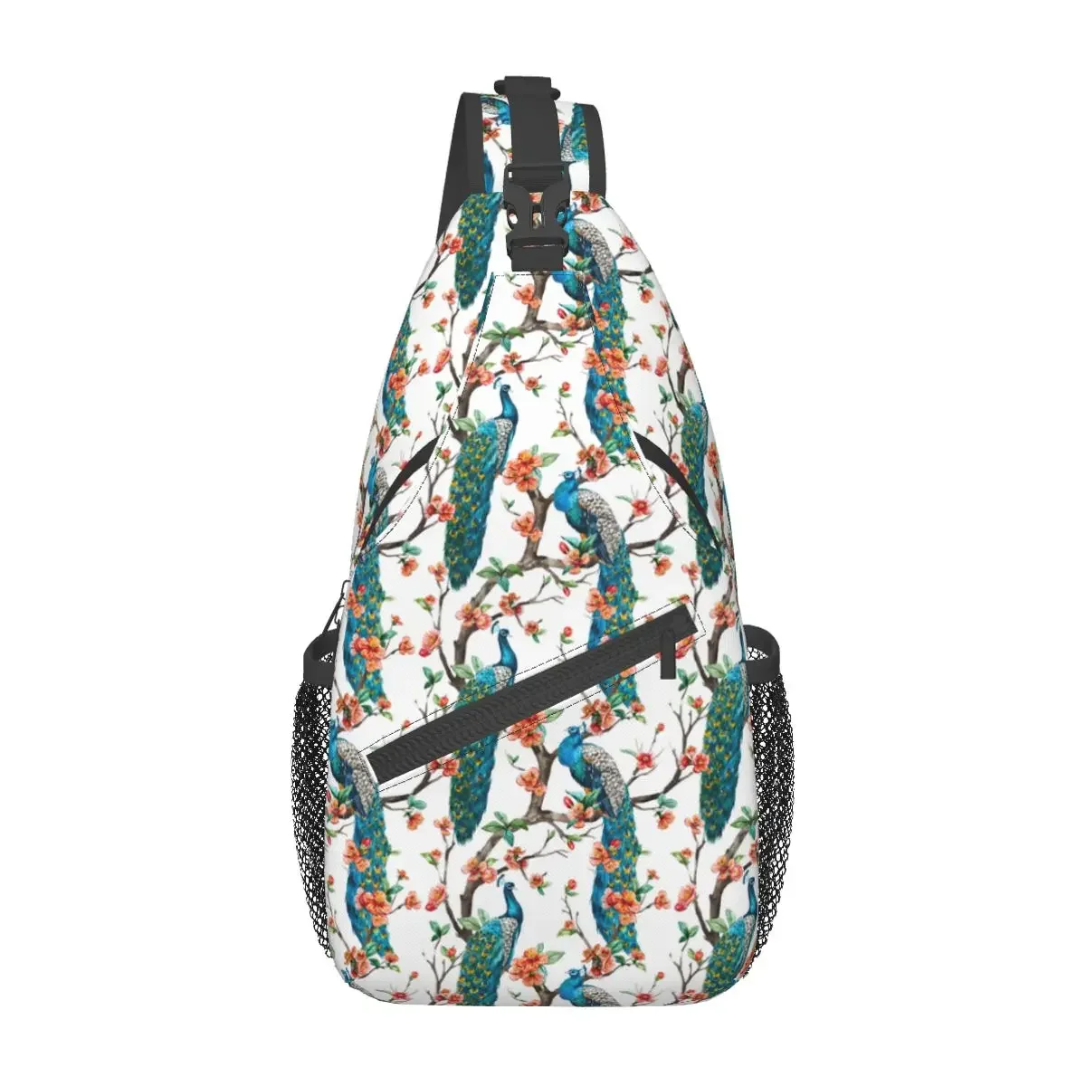 Watercolor Flowers Peacock Crossbody Sling Bags Small Chest Bag Tropical Shoulder Backpack Daypack Travel Hiking Cycling Bookbag