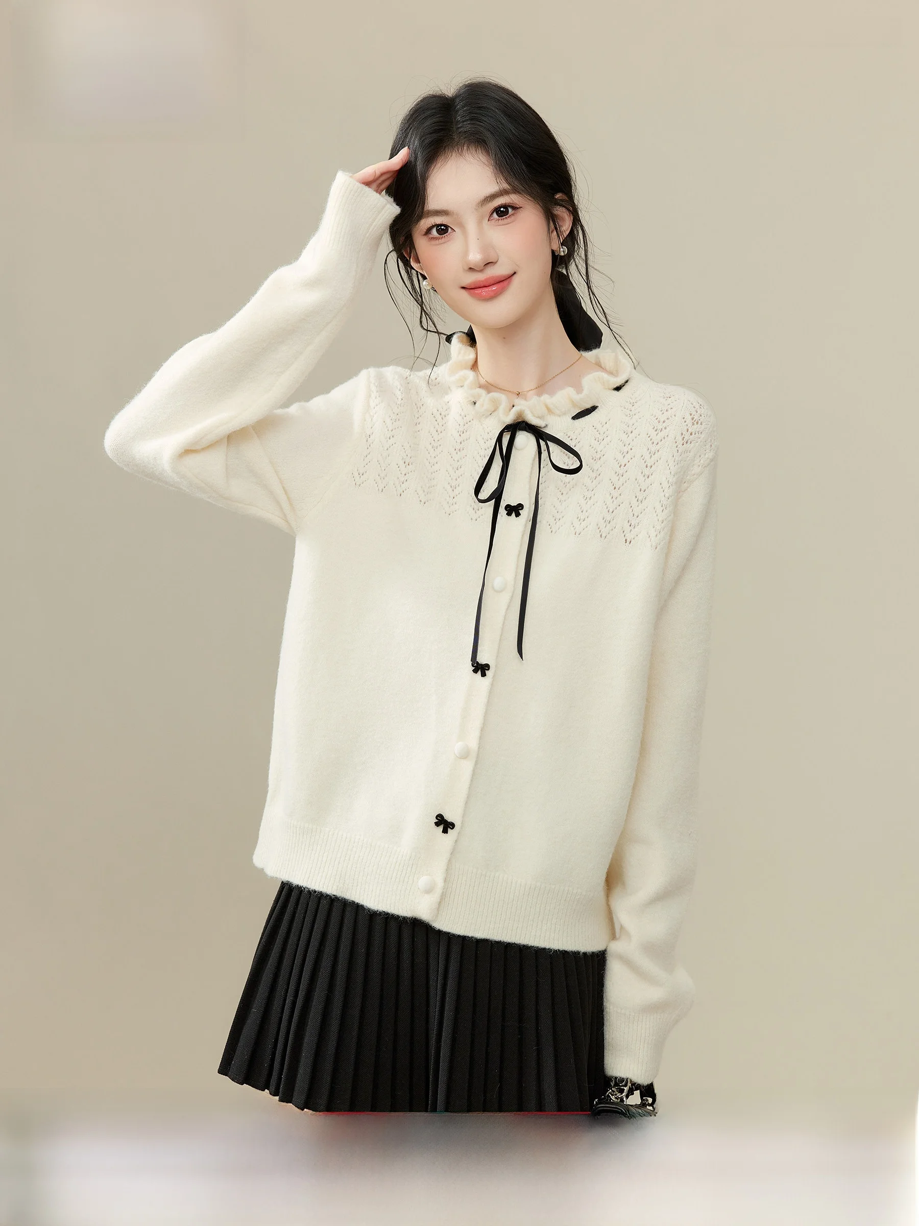Suéter de punto Xiang Wind para mujer, estilo dulce, color marrón amarillento, corte regular, suave y cómodo, para primavera