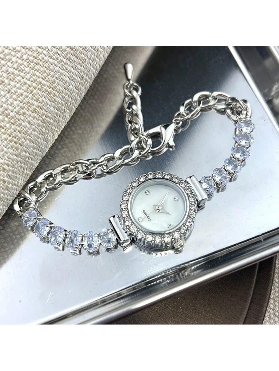1pc Women's Silver Plated Cubic Zirconia Inlaid Lobster Clasp Bracelet With Embossed Alloy Case, Shell Patterned Dial &