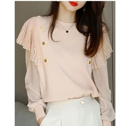 French Style Sweet Autum New Women's O-Neck Solid Ruffles Button Temperament Fashion Loose Long Sleeve Pullovers Knitted Tops