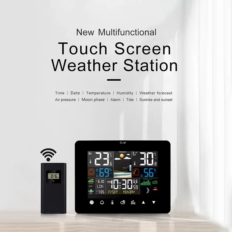 

Multifunctional Weather Station Alarm Clock, Wireless Thermometer Hygrometer with Touch Screen, Sunrise & Sunset Tracking