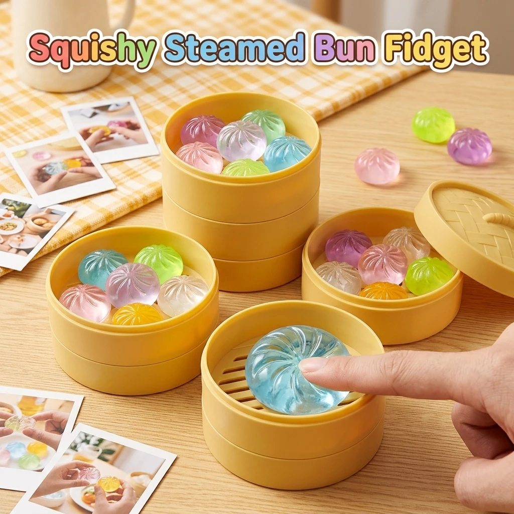5Pcs Mini Dumplings with Steamer Bun Squeezable Toys Set Soft Stress Relief Crystal Squishy Fidget Sensory Toy Party Favors Gift