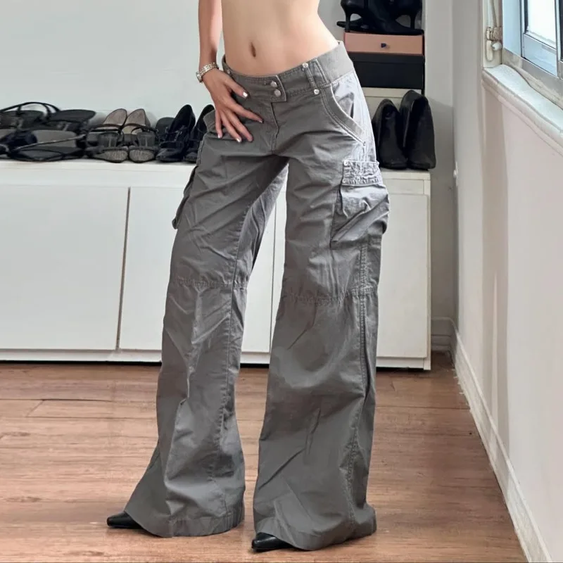 American street style multi-pocket tooling casual pants low waist splicing casual gray women's straight jeans