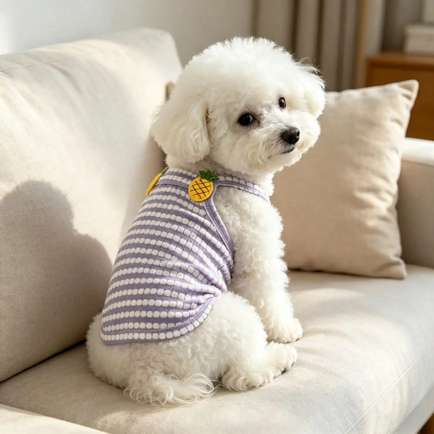 1 Stück gestreiftes Strick-Hundetanktop mit 3D-Frucht-Blumen-Ornament, atmungsaktive Welpenweste für kleine Hunde – Detail 16