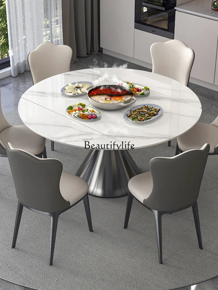 Slate dining table with invisible induction cooker Multifunctional telescopic round table Modern simplicity