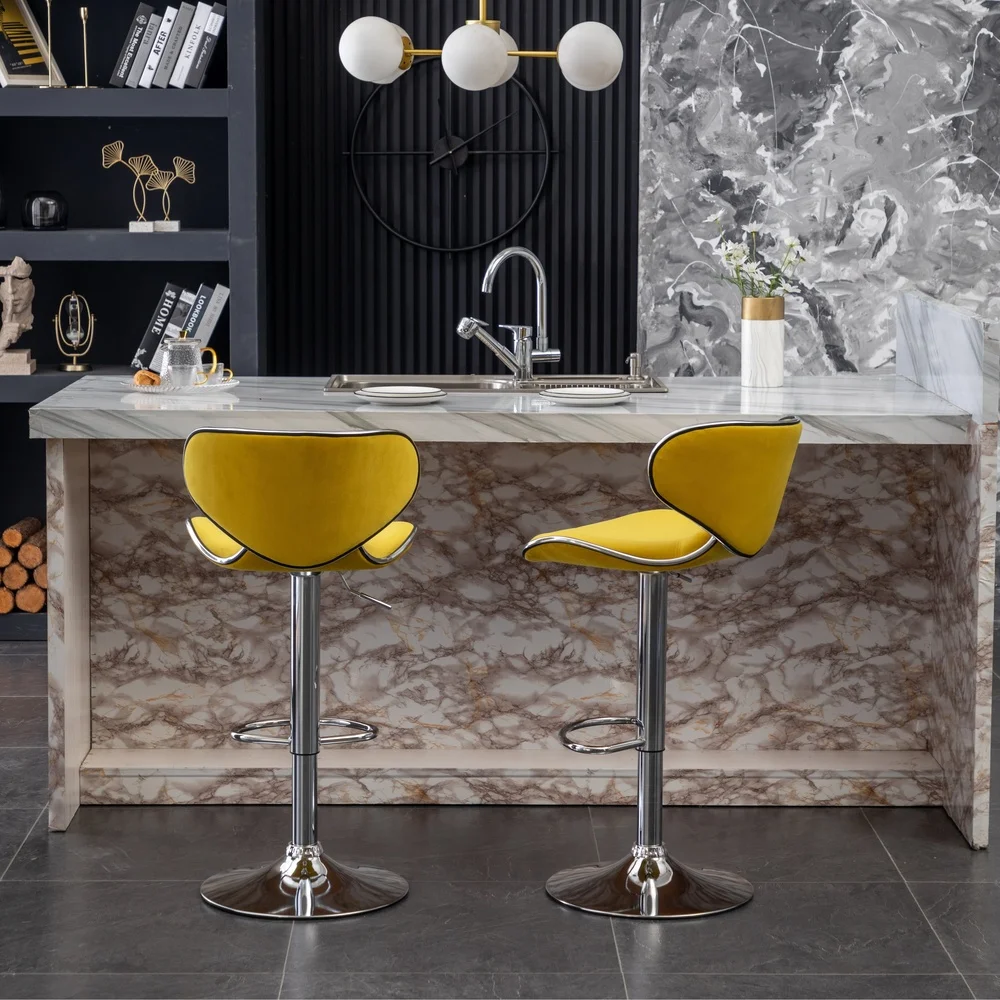 Set of 2 Adjustable Swivel Barstools Velvet Upholstered with Chrome Base Footrest Gas-Lift Height Kitchen Dining Room