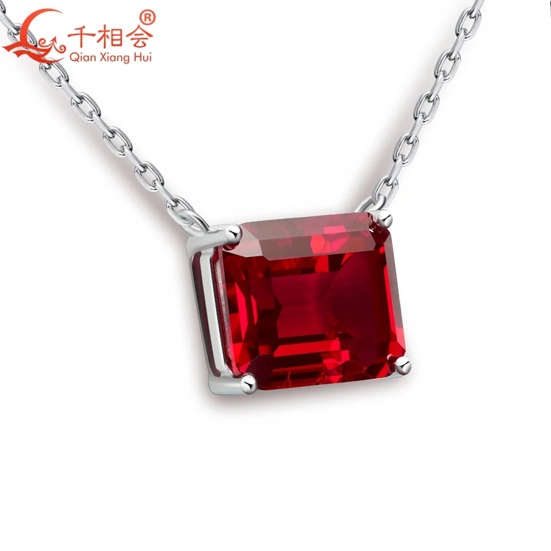 925 silver emerald shape 10*12mm Pigeon Blood Red color lab grwon created ruby with inclusions  Jewelry Pendant Necklace