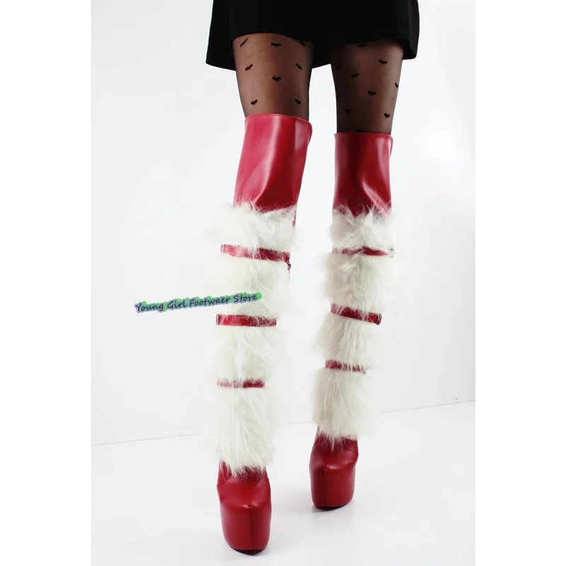 Christmas Party White Plush High-Heeled Women's Boots Belt Buckle Decorate Runway Style Boots  15 Cm Red High Heels