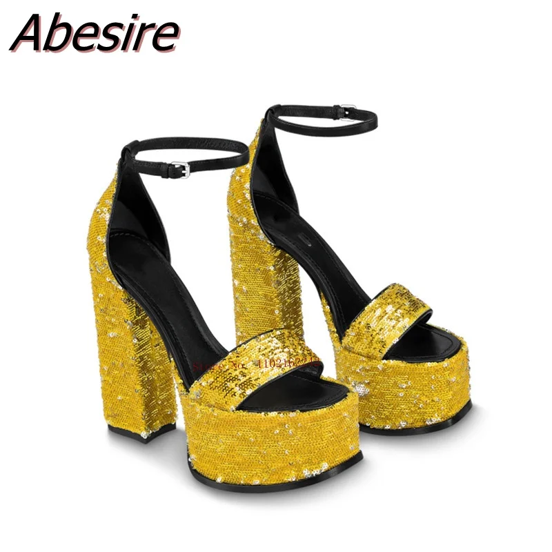 Summer Shiny Sequins Open Toe High Heels Round Toe Thick With Water Platform Buckle Strap Sandals Feminine Banquet Simple New 46