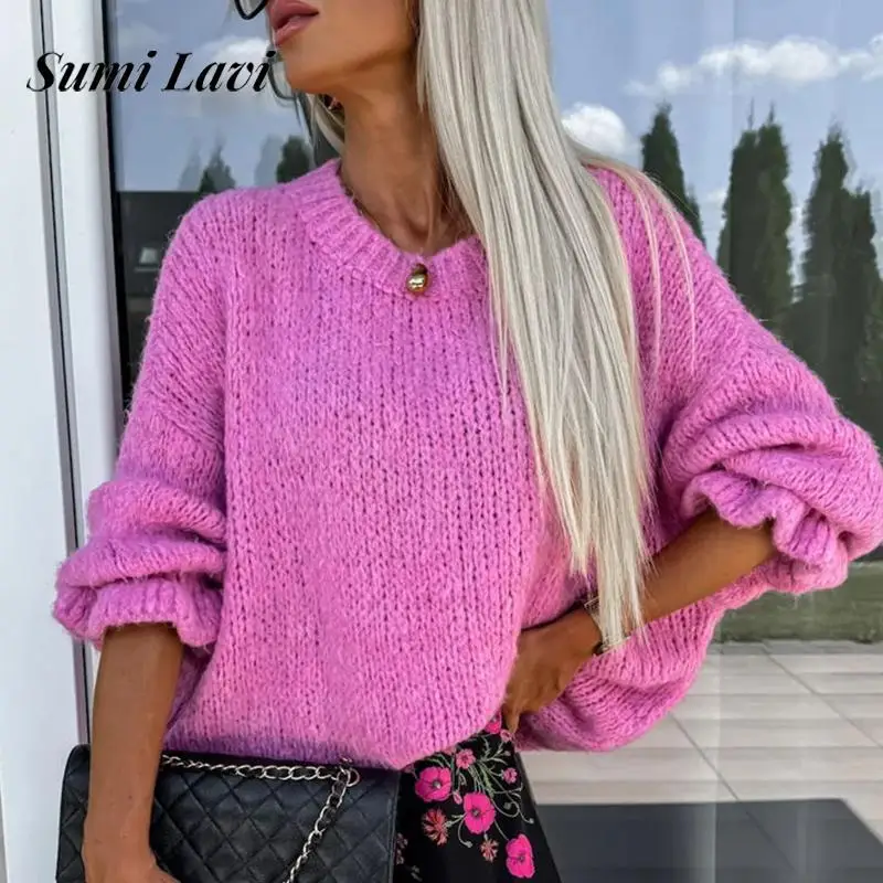 2024 Women Causal Long Sleeve Commuting Knitted Winter Fashion High Street Solid Jumper Autumn Elegant O-neck Loose Sweater Tops