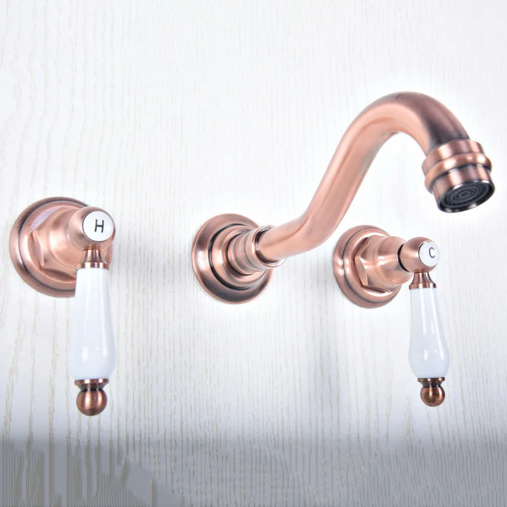 

Wall Mount Double Handles 3 Hole Widespread Bathroom Sink Faucet Antique Red Copper Finish zsf504