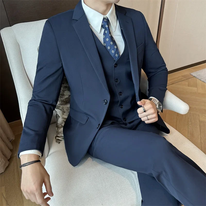 

6XL 7XL Men Suit 3-piece Set High Quality Luxury ( Blazer + Vest + Pants ) Formal Business Slim Fit Male Suit Groom Wedding