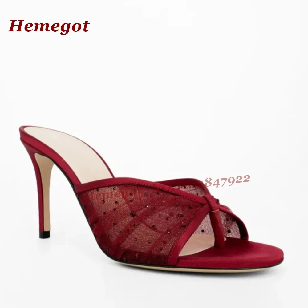 

Clip Toe Stiletto Heels Women's Mules Rhinestones Satin Mesh Slippers Fashion Splicing Flip-Flops Slip On Casual Party Shoes