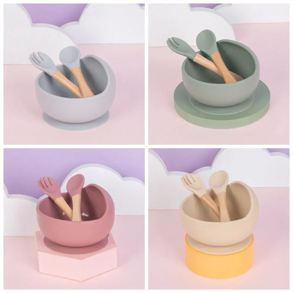

Anti-Slip Silicone Baby Feeding Bowl Waterproof Flexible Toddler Feeding Dishes Food Grade with Spoon&Fork Feeding Bowl Set
