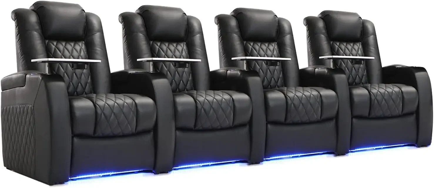 Grain Nappa Leather Recliner Chair Dual Power Movie Gaming Sofa Electric Headrest with Tray Table Type-C USB Charge Cup Holders