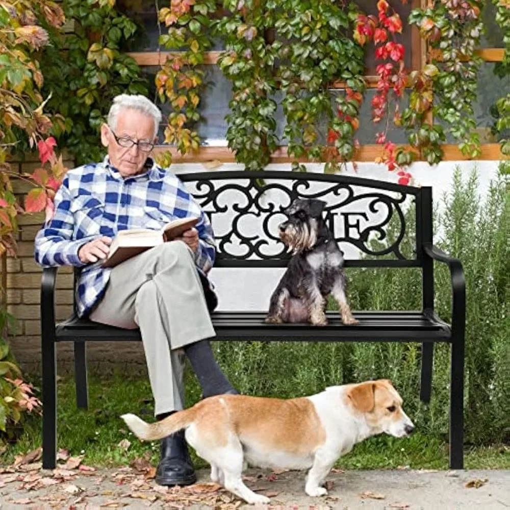 Outdoor Bench for Patio Metal Garden Bench w/PVC Back Pattern