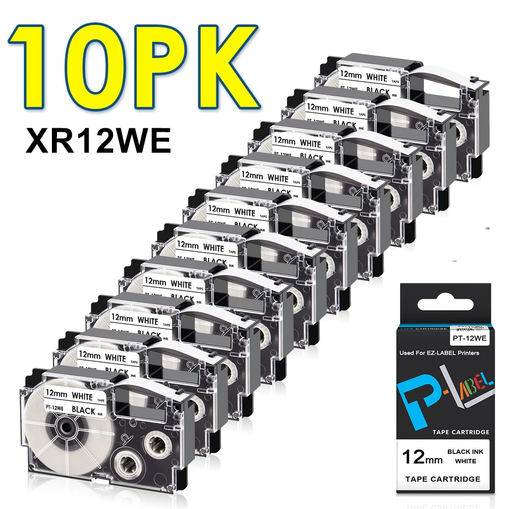 

10PK Tapes XR12WE Compatible Casio Label Tape XR-12WE XR-12YW XR-12X XR-12BKG XR-12ABK for Casio KL-60 KL-100 KL-120 Label Maker