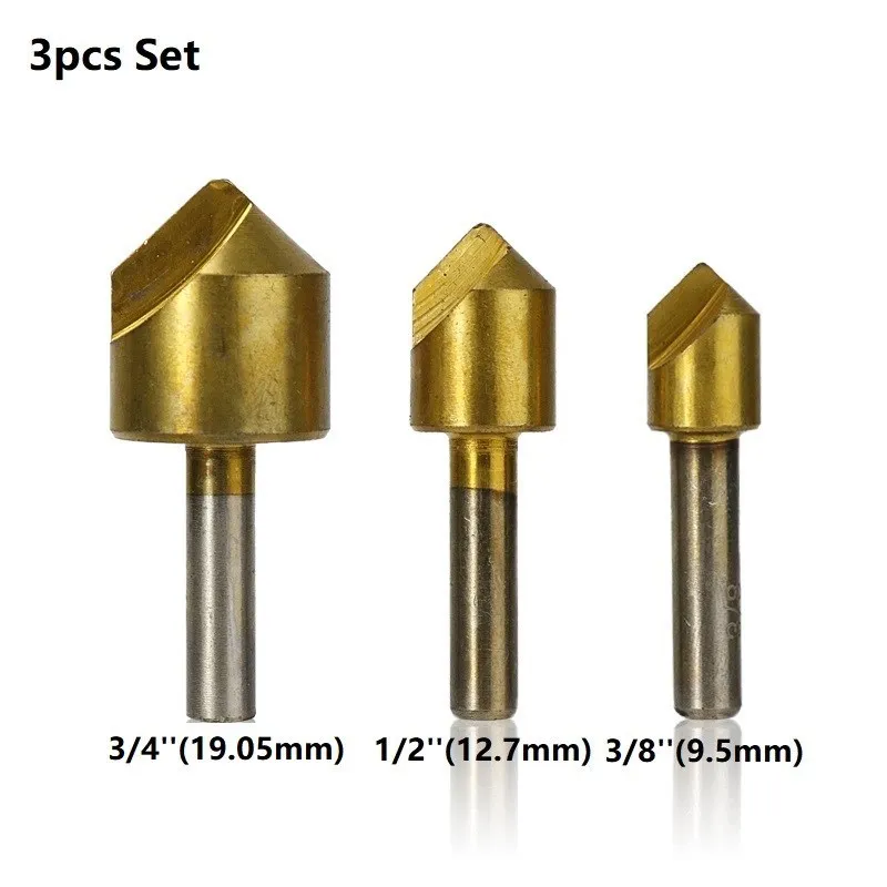 HAMPTON Chamfering Cutter 90 Degrees 1 Flute TiN Coated Chamfer Drill Bit Countersink Drill Bit Set for Woodworking Hole Cutter 