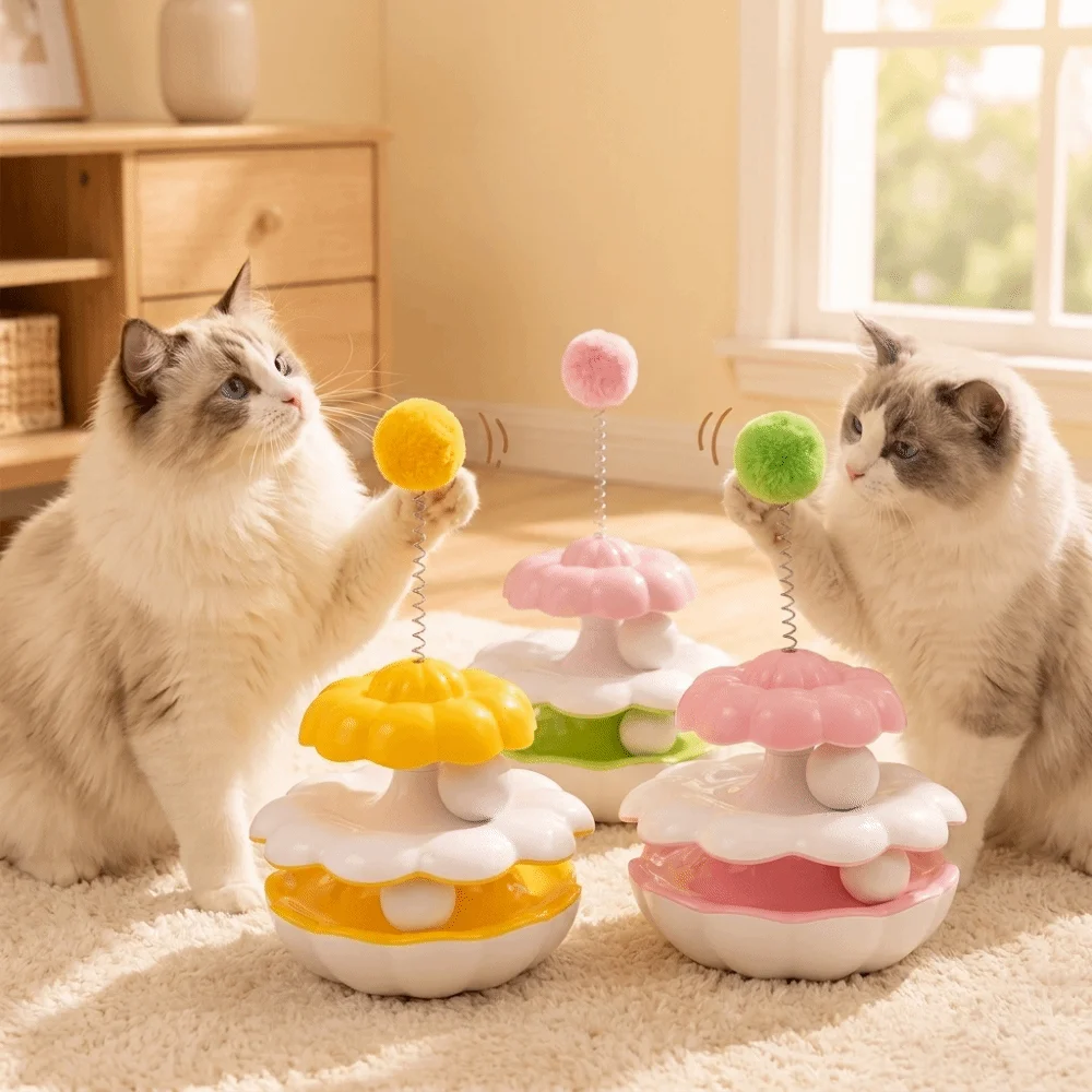 Plastic Cat Turntable Toy Ball Rotating Design Interactive Cat Toy Stable Base Spring Toy Self-Play Cat Toy