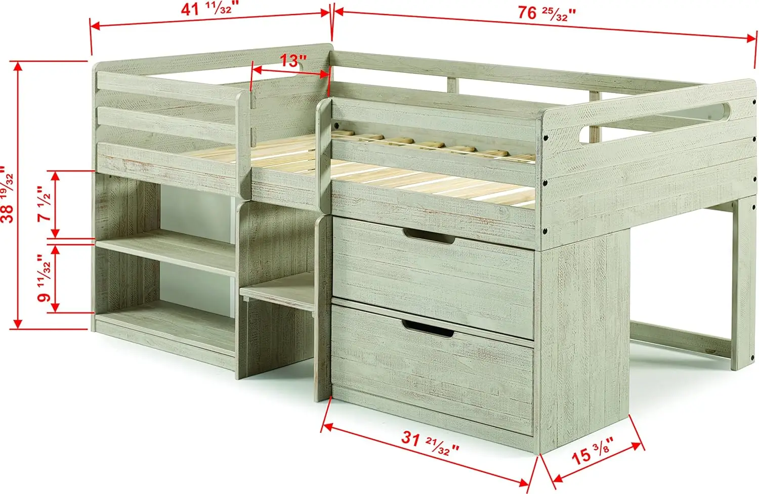 Twin Low Loft Bed With Bookcase And Storage Chest, Twin, Rustic Light Grey