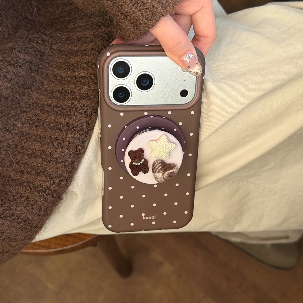 Luxuriöse braune weiße Polka Dot-Muster-Magnet-Handyhülle für iPhone 13, 14, 15, 16, 17 Pro Max, stoßfeste, niedliche Abdeckung für Magsafe-Hülle – Detail 6