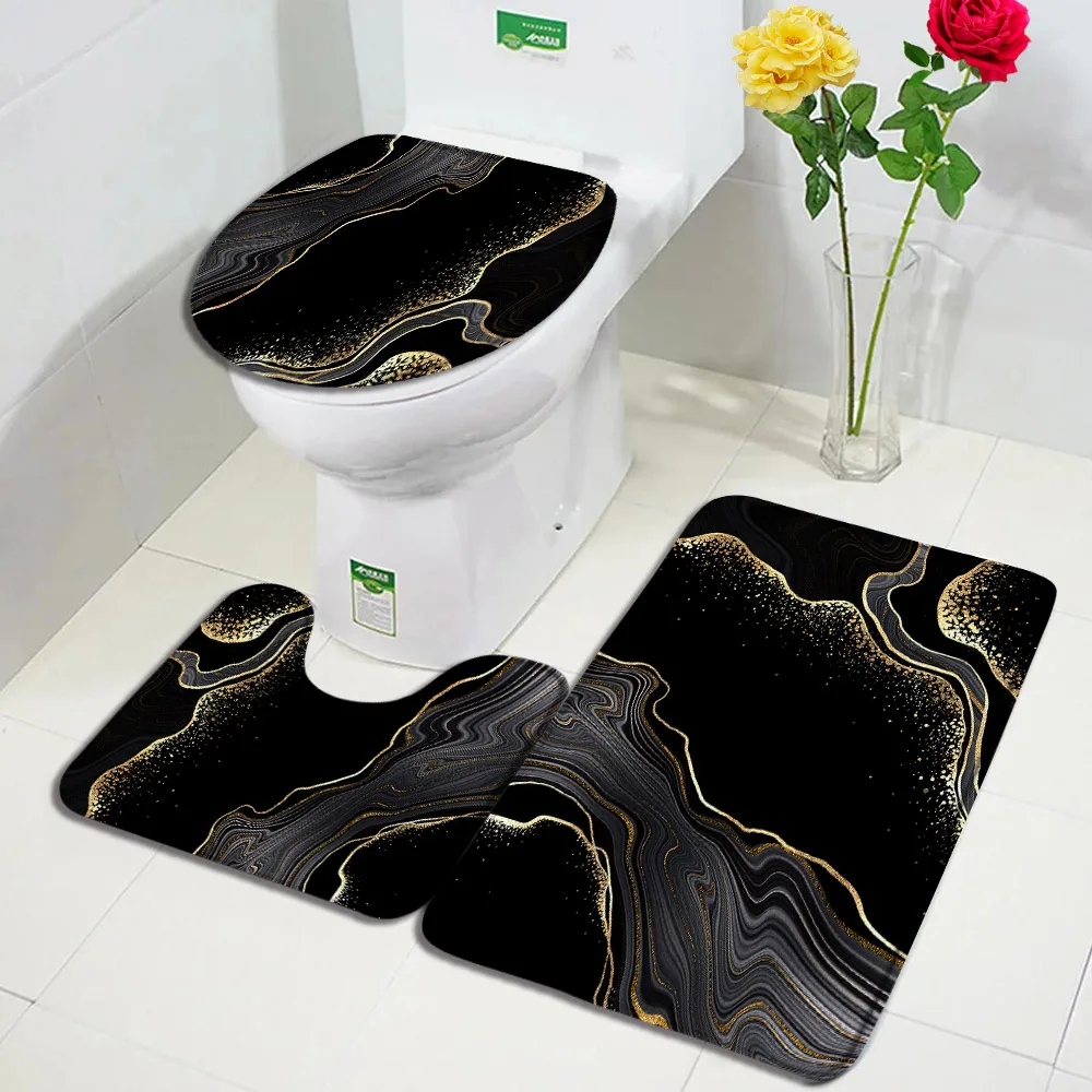 Black Marble Bath Mat Set Modern Abstract Gold Line Texture Pattern Bathroom Decorative Non-Slip Carpet Rugs Toilet Lid Cover