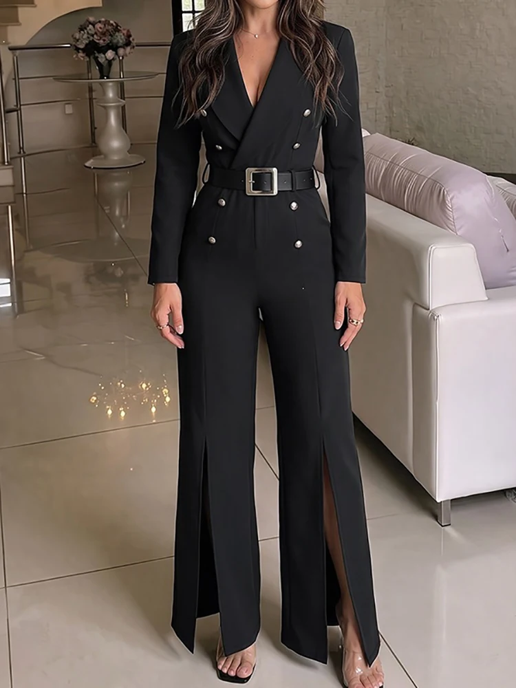 High Street Long Sleeve V-neck Jumpsuit Fashion Solid Double Breasted Commute Rompers Fall Winter New High Waist Split Playsuits