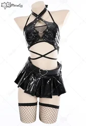 Meowcos Women Rebel Vibe Gothic Sexy Dark Lingerie Cosplay Costumes Black Strap Halter Top and Skirt with Fishnet Stockings
