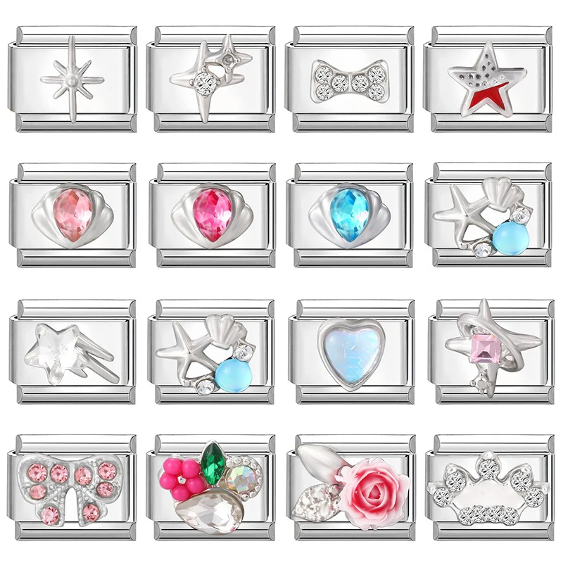 Neue Zirkon Seestern Herz Shell Krone Rose Blumen Italienischen Charme Links Fit 9mm Edelstahl Armband Frauen DIY Machen geschen – Detail 1