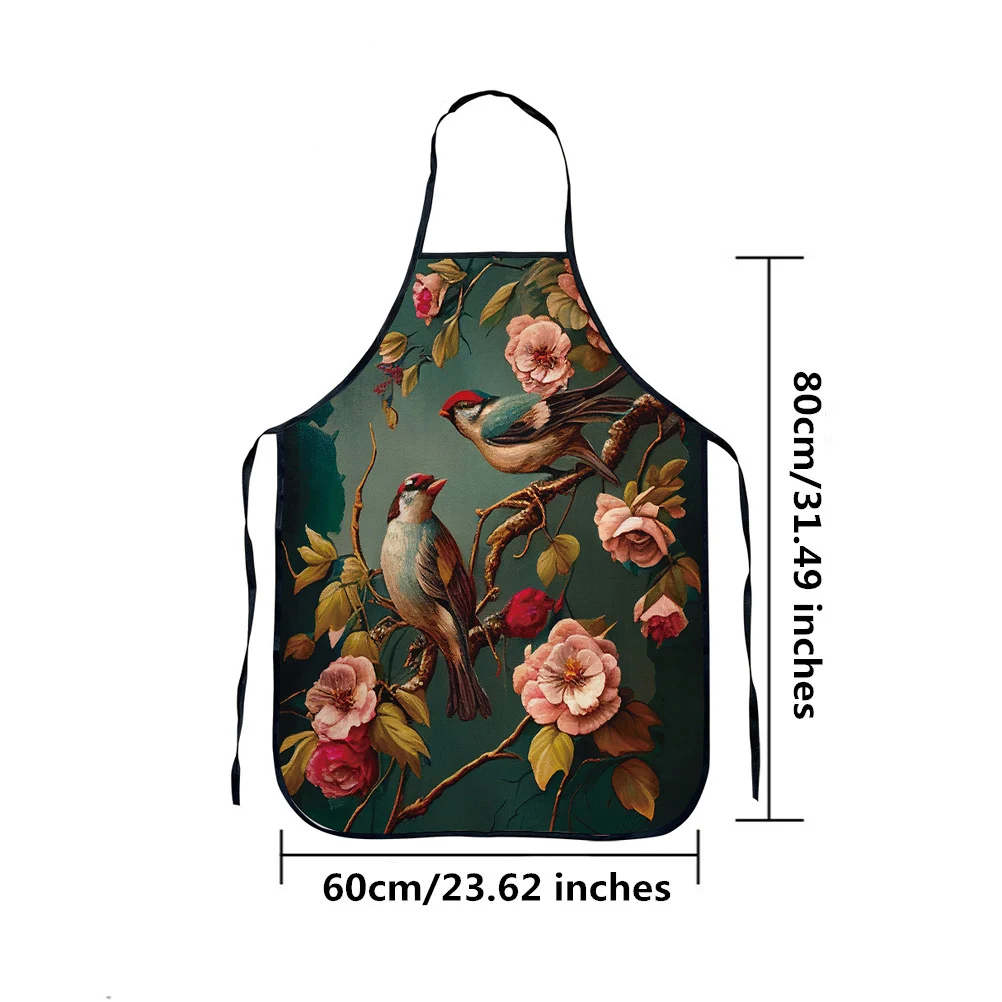 Waterproof Kitchen Apron for Men and Women, Flowers and Birds Print, Cooking, Home Cleaning Tools, 1 Pc