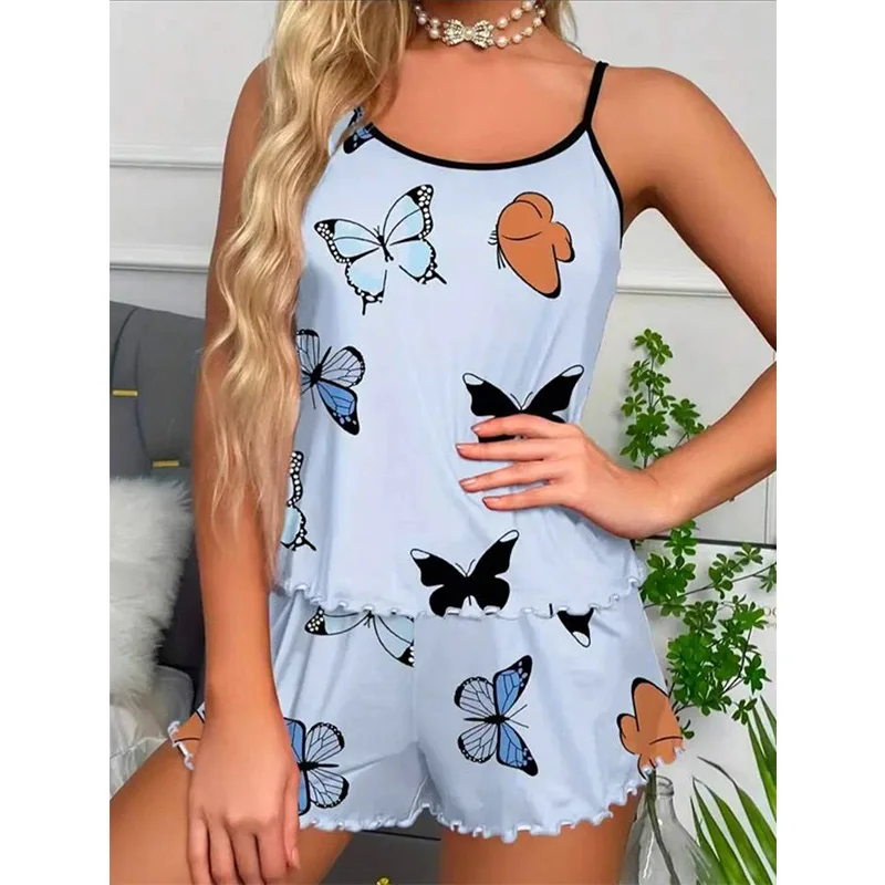 

Butterfly Print Tank Pajama Set Lace Trim Shorts Pajama Set Soft Satin Butterfly Sleepwear Casual Chic Wear Sleepwear