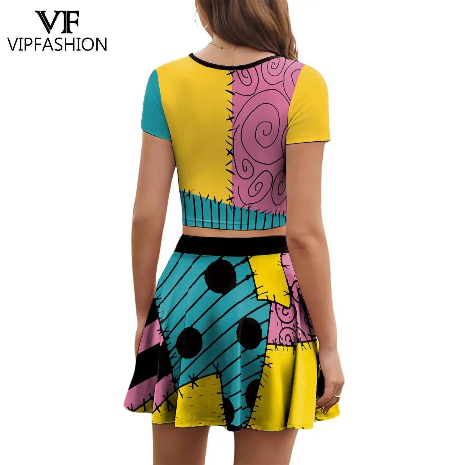 

VIP FASHION Women Sally Cosplay Costume Halloween Party Crop Tops Pleated Skirt Summer Matching Outfit Cheerleading Clothing