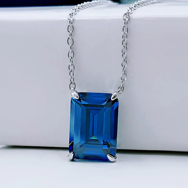 S925 Sterling Silver Women's Pendant Necklace with 10 * 14 Sapphire Inlaid Fashion Anniversary Commemorative Engagement