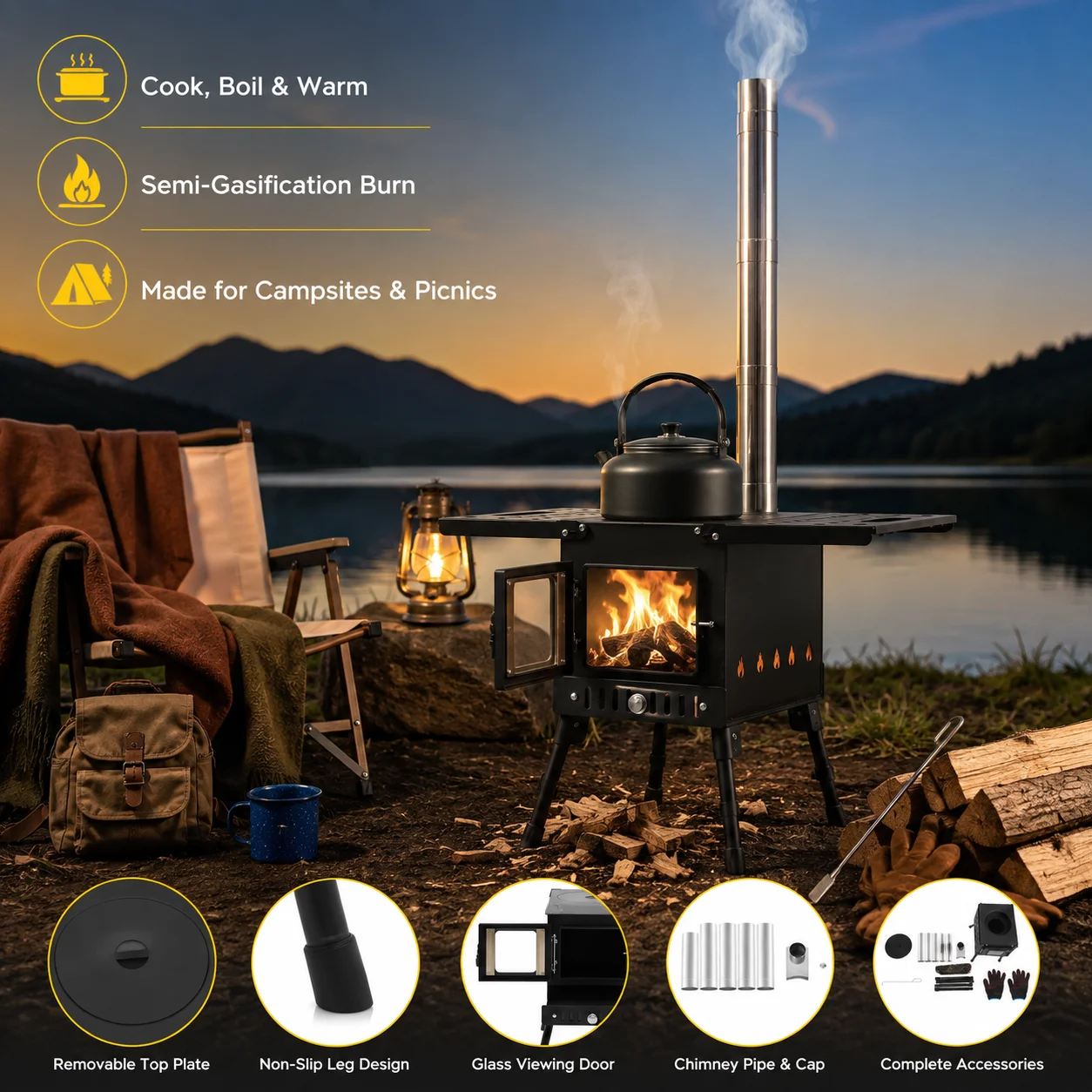 Image of Klappbarer Outdoor-Camping-Holzofen mit 3 Kaminrohren & Sichtfenster, tragbarer Zeltofen aus Hochkohlenstoffstahl, 5-Minuten-Aufheizzeit, höhenverstellbar 14,17-22,04 Zoll, halbvergastete Verbrennung,