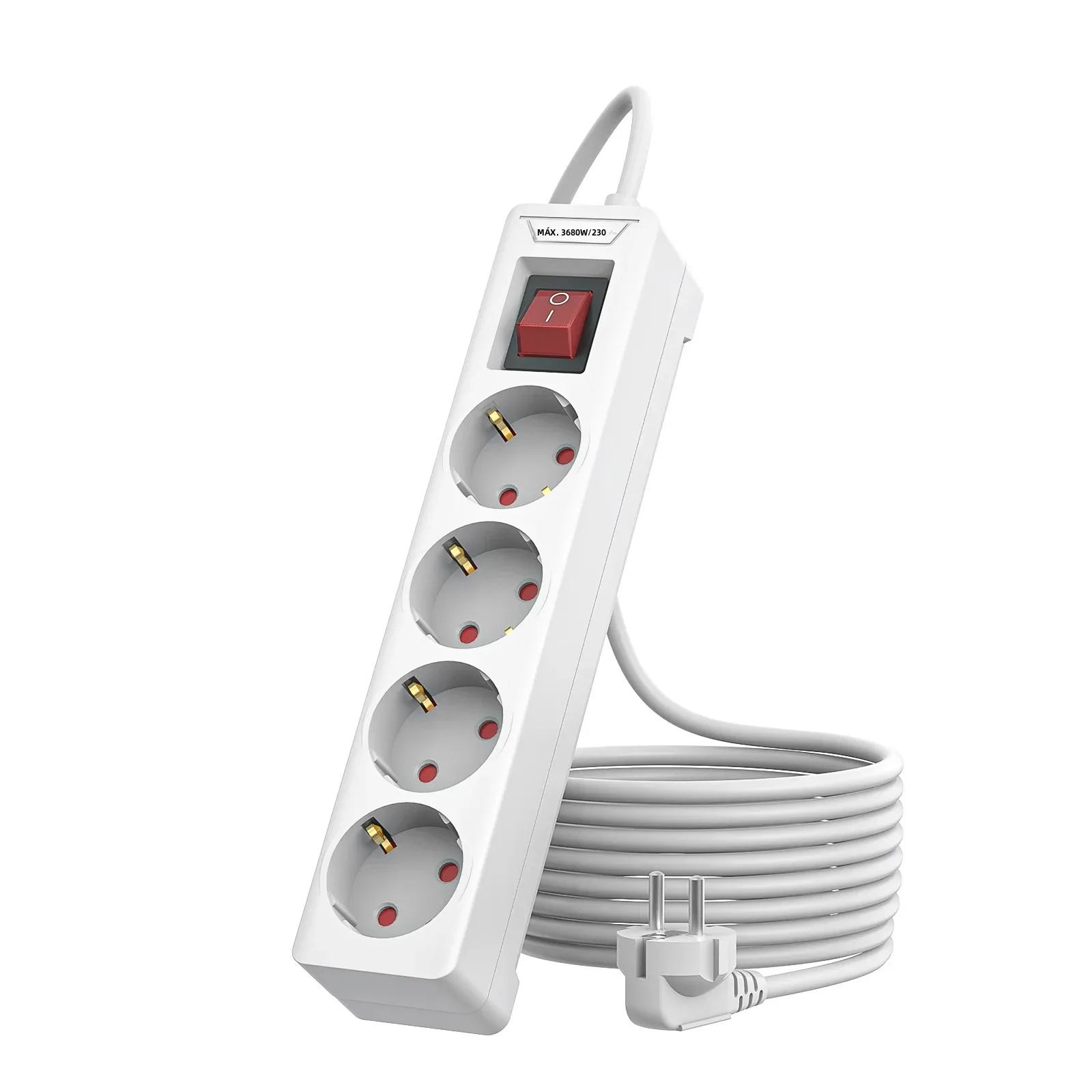 Protector de Sobretensión de 4 Tomas de Corriente para la UE, Cable de Extensión de 1.5m/2m, Adaptador de Enchufe de CA, Adaptador de 4 Tomas con Protección Contra Sobrecarga