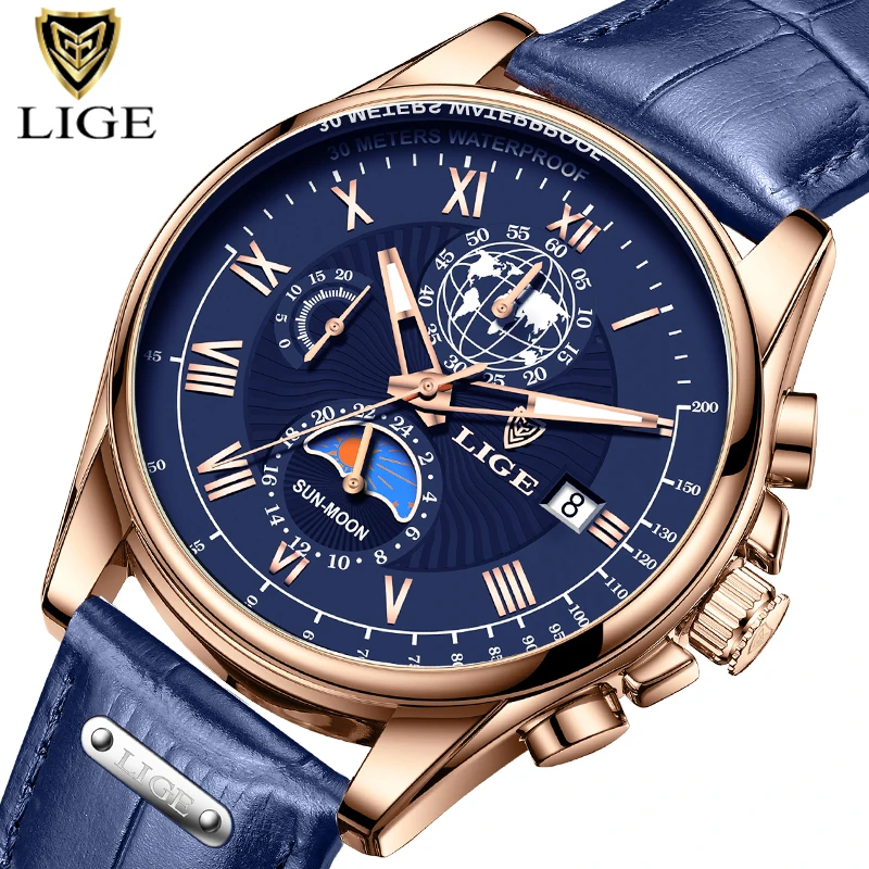 2024 LIGE New Blue Leather Mens Watches Top Brand Luxury Waterproof Watch For Men Sport Date Quartz Wristwatch Relogio Masculino