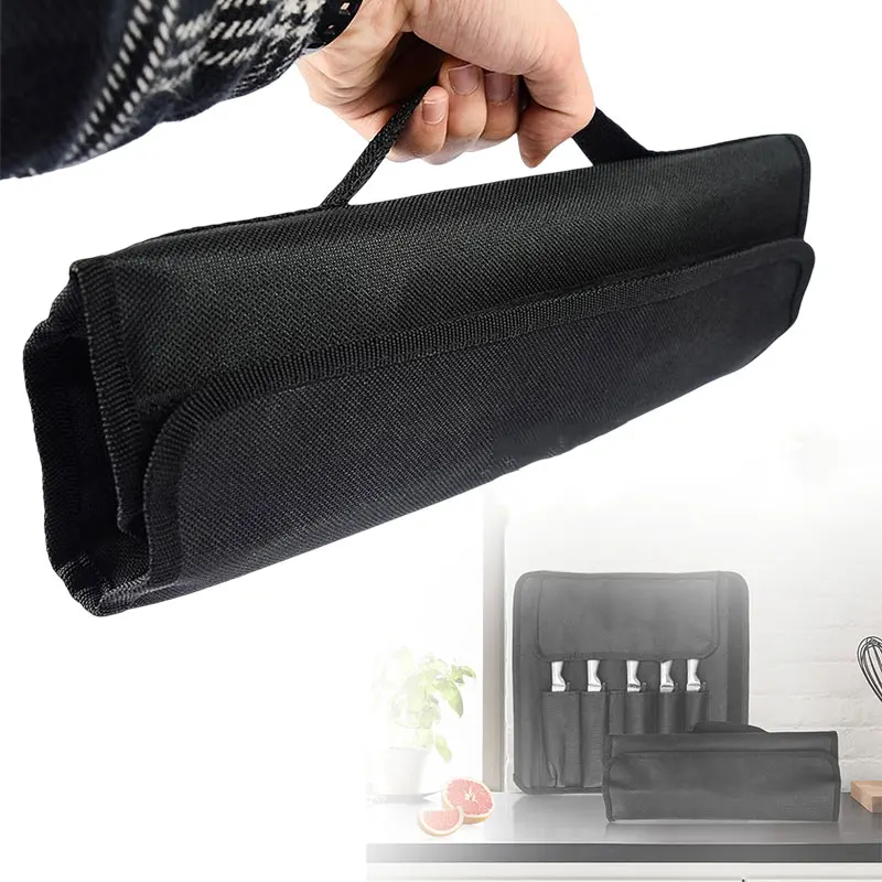 Sac en rouleau de couteau de chef avec 5 fentes, sac opaque de gril Oxford, étui à couteaux de cuisine portable pour outil de rangement opaque en acier inoxydable