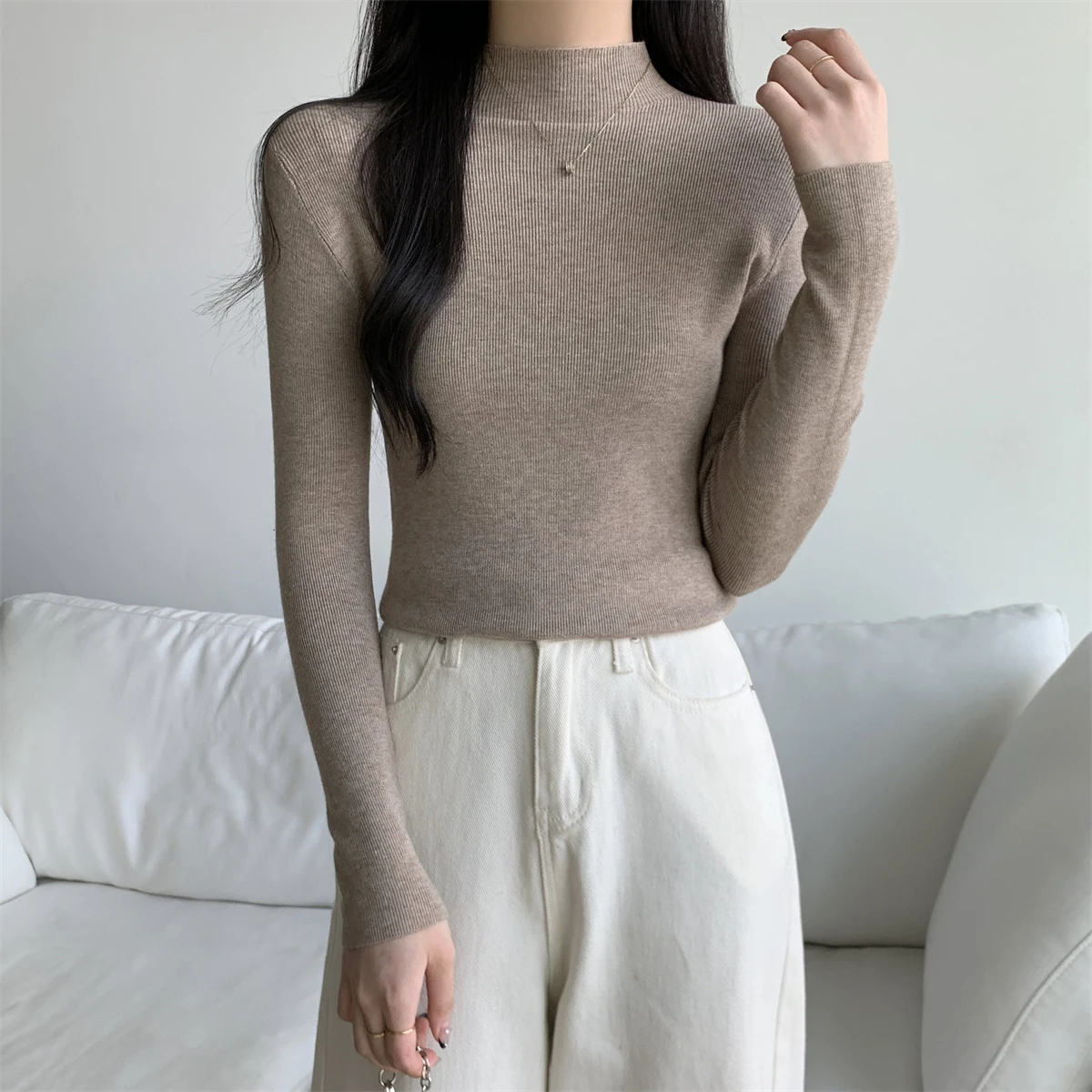 محبوك سترة المرأة البلوفرات الجديدة طويلة الأكمام وهمية الرقبة الأبيض متماسكة سترة البلوز المرأة بلايز البلوزات Sueters De Mujer Q1535