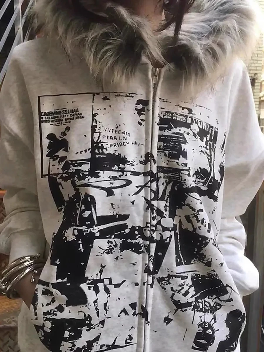 

Thiened Fce Hooded Sweatirt Women's Autumn Winter Loose Street Sle Cartoon Print Lazy Faion High Street Coat