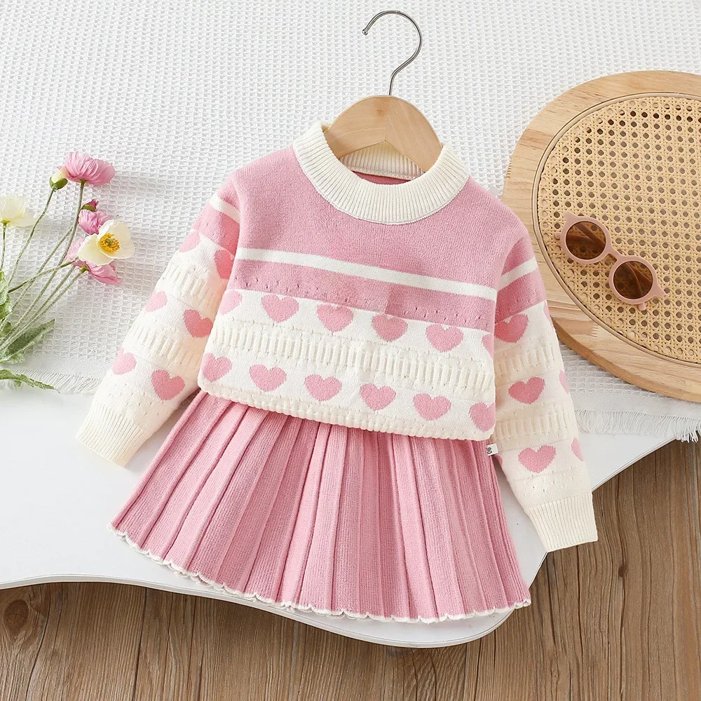 

Girls' Clothing Autumn and Winter Knitted Sweater Children's Set Long Sleeved Love Printed Color Blocked Top + Short Skirt 2 Pcs