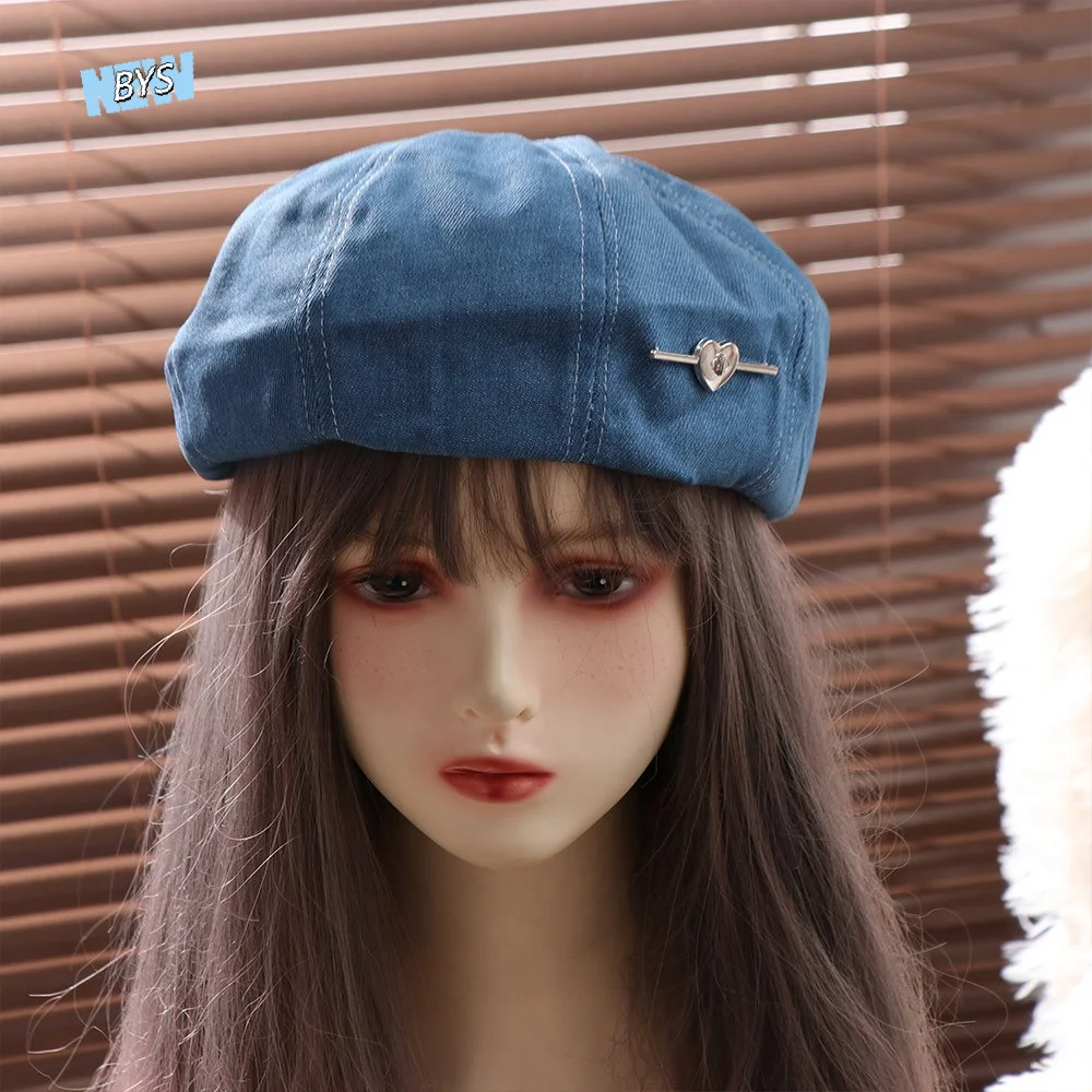 

Fashion Solid color Love Heart Beret Korean Style Y2K Cowboy Beret Cap Harajuku All-match Denim Octagonal Hat Travel