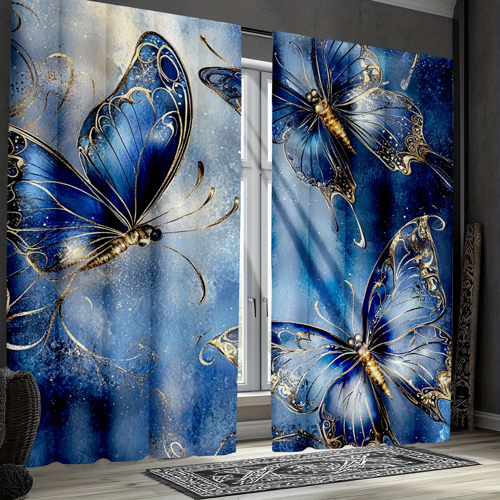 Luxury Blue Butterfly Galaxy Curtains 2pcs Pair Starry Night Celestial Pattern Living Room Bedroom Window Drapes