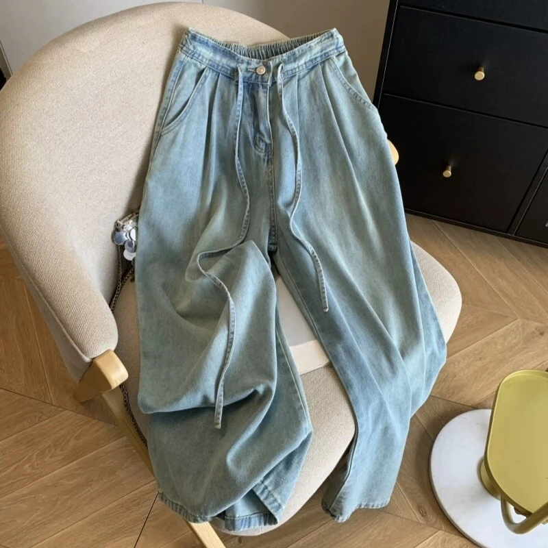 Women Blue Drawstring Jeans High Waist Pleated Wide Leg Denim Pants Elastic Waist Loose FitY2K Casual Trousers Trendy Streetwear