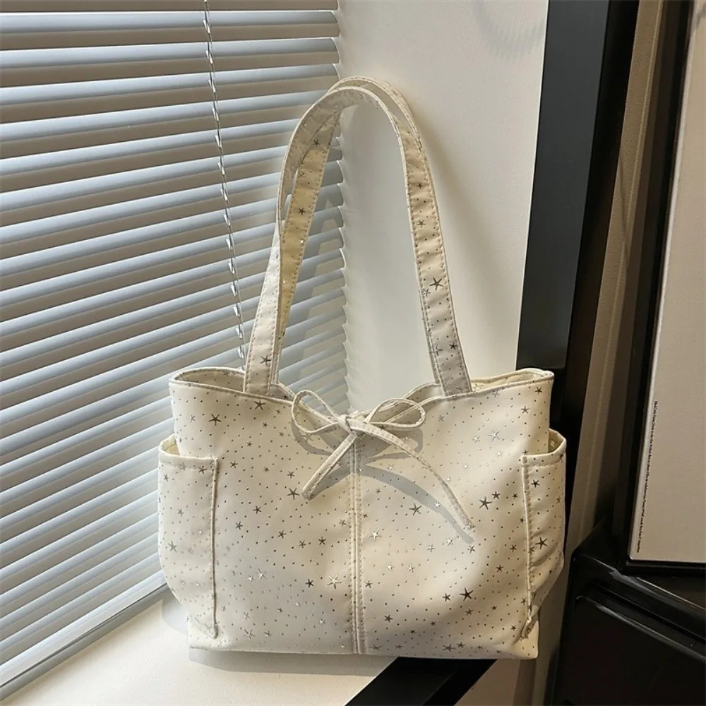 

Retro Shiny Star Shoulder Bag Large Capacity Canvas Bow Tote Bag Underarm Bag Korean Style Women Handbag Spicy Girl
