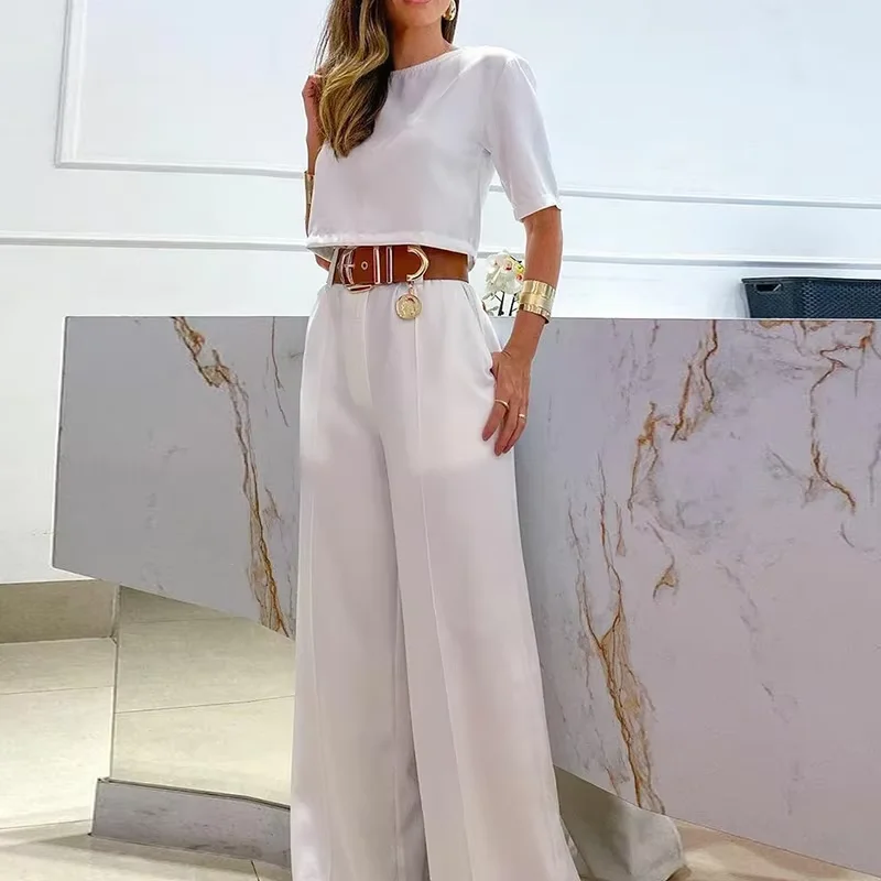 Summer New Sets For Women Fashion Solid Color Casual Wide-leg Pants Short Sleeves Blouses Suits Elegant Commuting Office Outfits