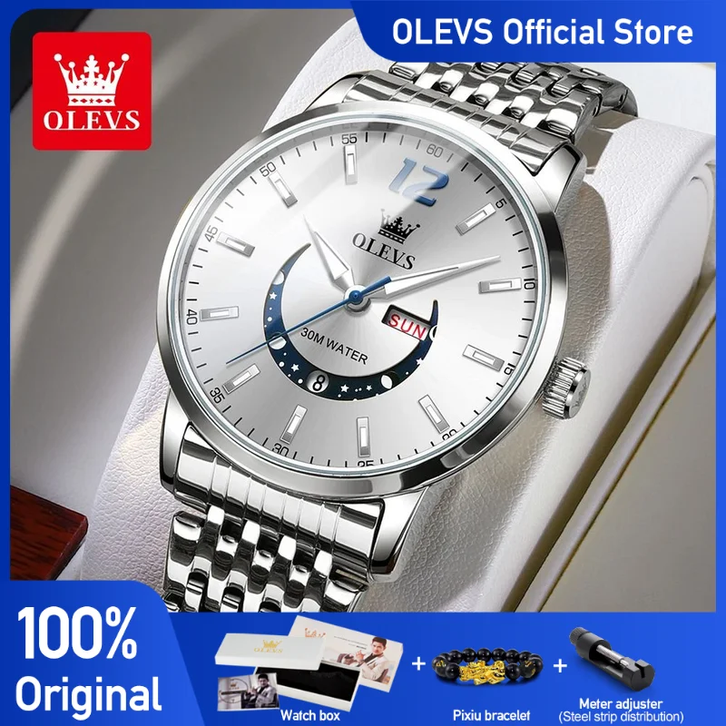 OLEVS Men\'s Watches Fashion Trend Crescent Shaped Dial Original Quartz Watch for Man Waterproof Stainless Steel Date Week