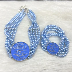 Multi Layer Sorority Light Blue Beaded Zeta Amicae Enamel Round Pendant Crest Pearl Necklace Bracelets Sets