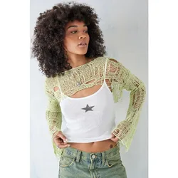 Y2K Aesthetic Chic Green Knit T-shirt Cover-up Long Sleeve O-neck Hollow Out Crochet Crop Top Women Ripped Summer Streetwear